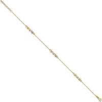 14K Two-Tone Anklet with Flower Stations and Rhodium Accents - 10" Adjustable Length