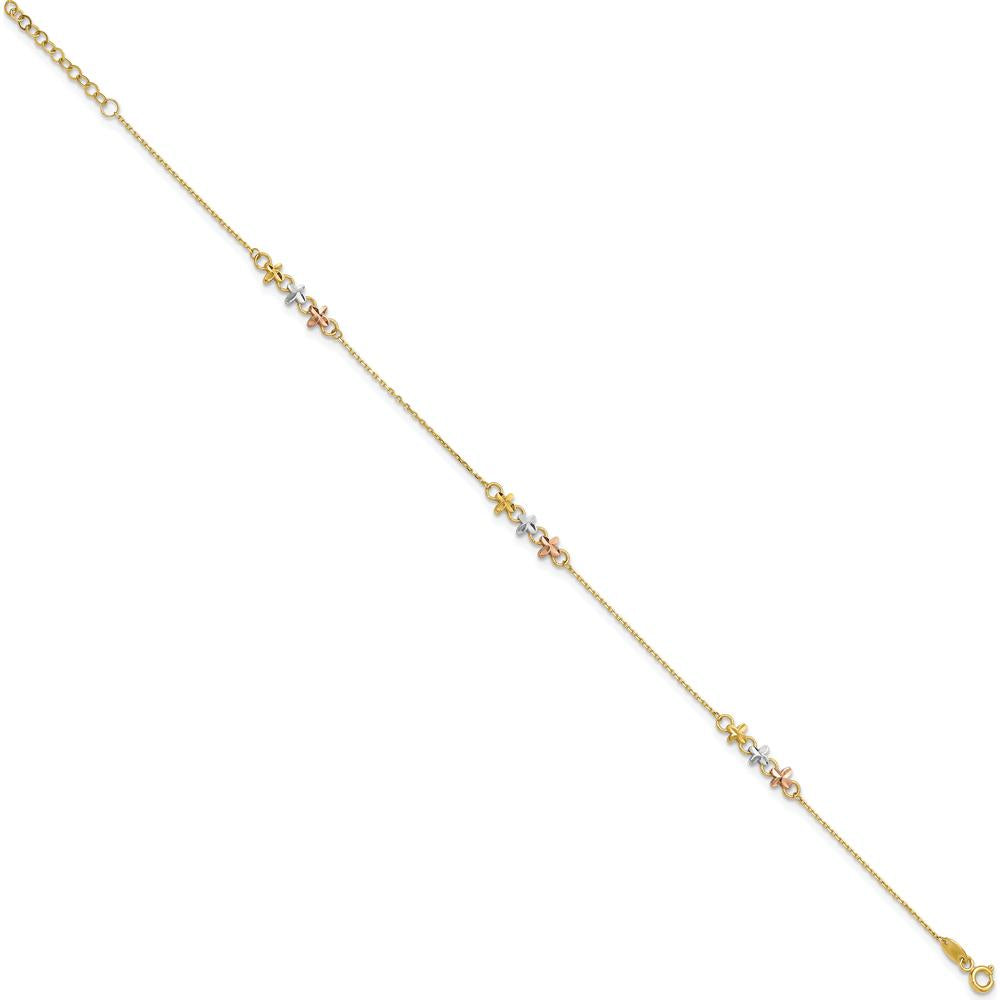 14K Two-Tone Anklet with Flower Stations and Rhodium Accents - 10" Adjustable Length