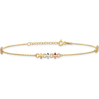 14K Two-Tone Anklet with Flower Stations and Rhodium Accents - 10" Adjustable Length