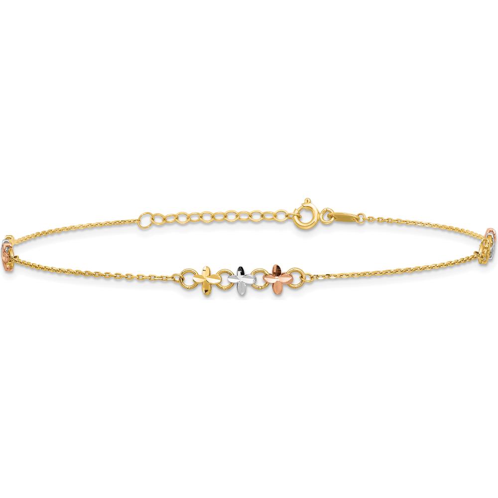 14K Two-Tone Anklet with Flower Stations and Rhodium Accents - 10" Adjustable Length