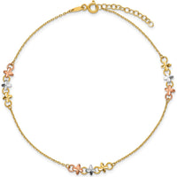 14K Two-Tone Anklet with Flower Stations and Rhodium Accents - 10" Adjustable Length