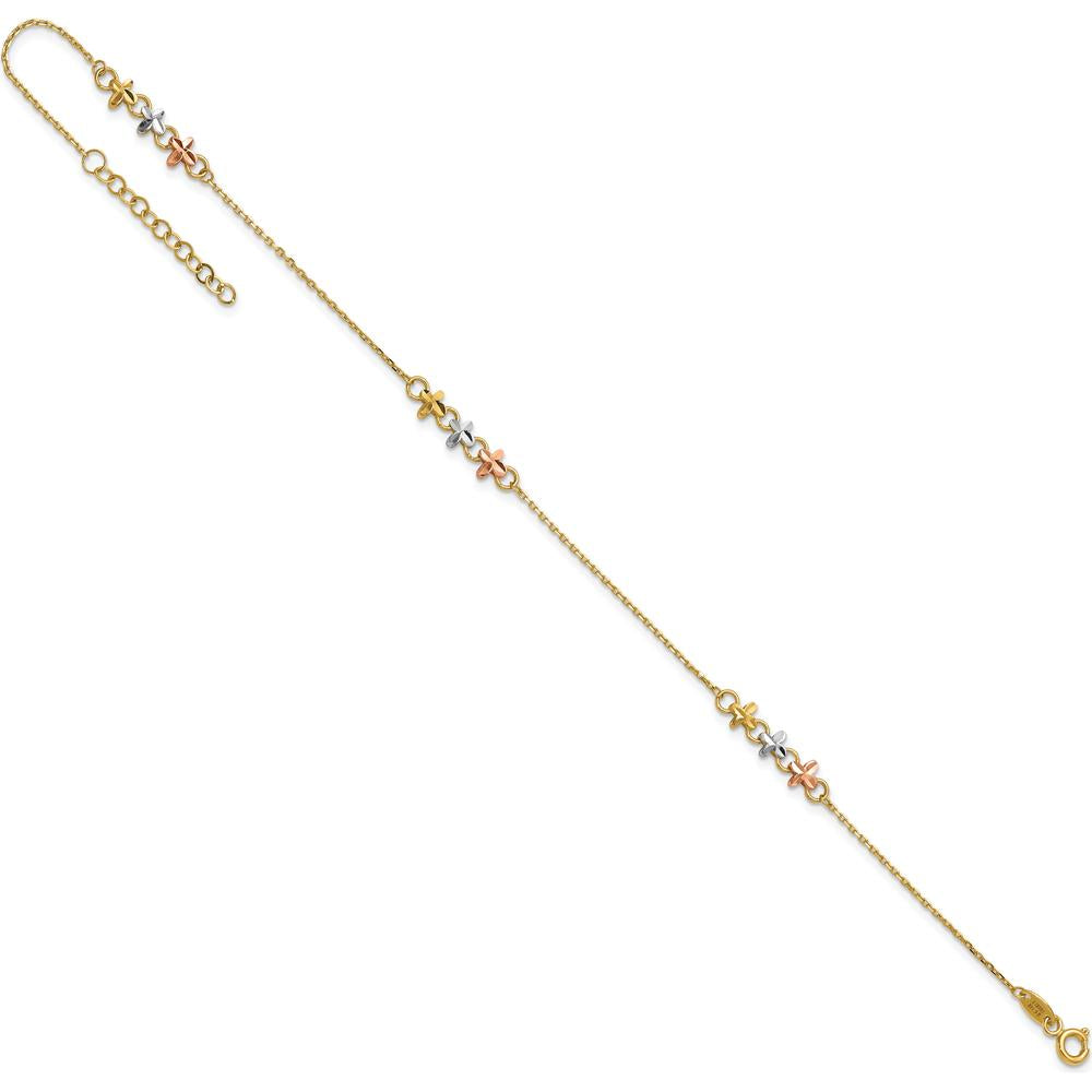 14K Two-Tone Anklet with Flower Stations and Rhodium Accents - 10" Adjustable Length