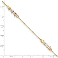 14K Two-Tone Anklet with Flower Stations and Rhodium Accents - 10" Adjustable Length
