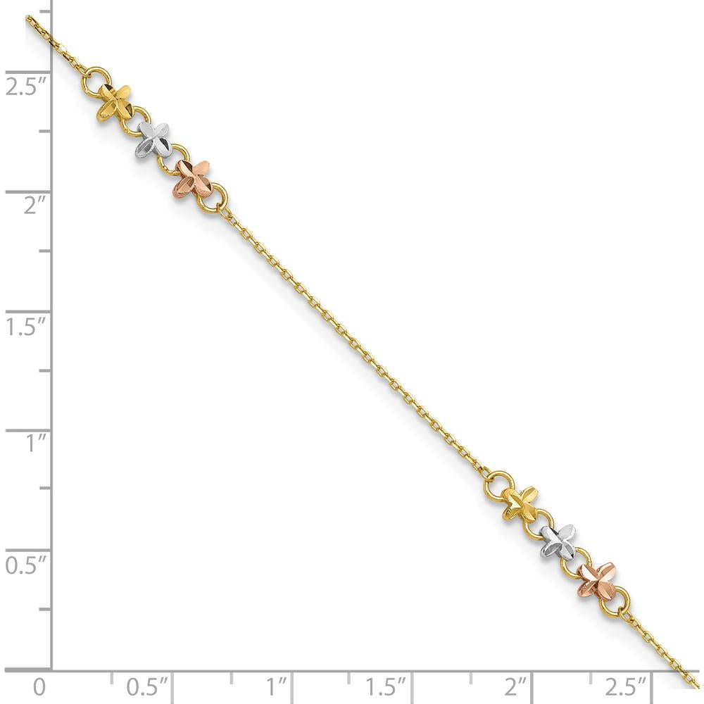 14K Two-Tone Anklet with Flower Stations and Rhodium Accents - 10" Adjustable Length