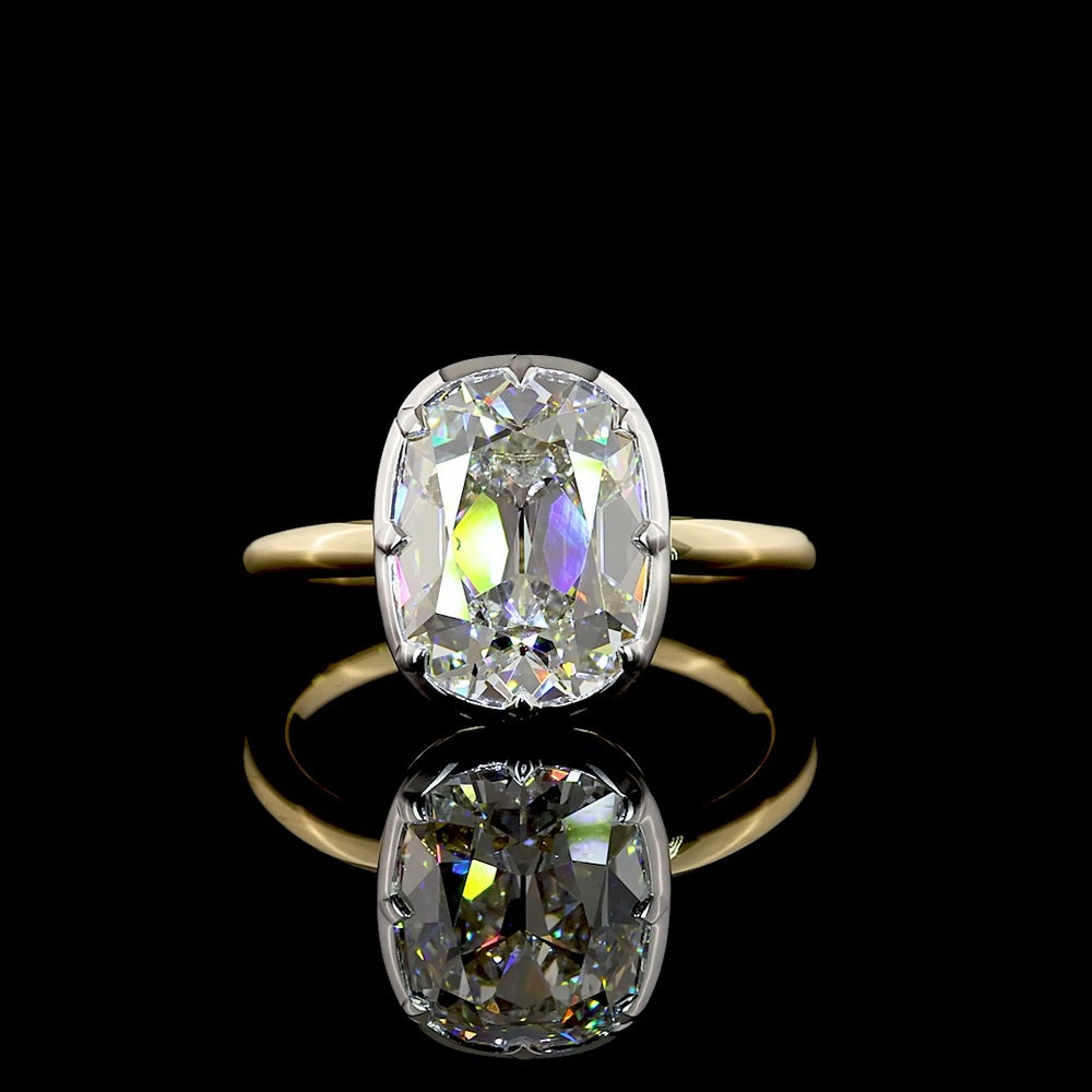 14K Two Tone Antique Cushion Cut Lab Diamond Solitaire Ring - 3.54 Carat E-F VVS2, IGI Certified - Covaloro Fine Jewelry