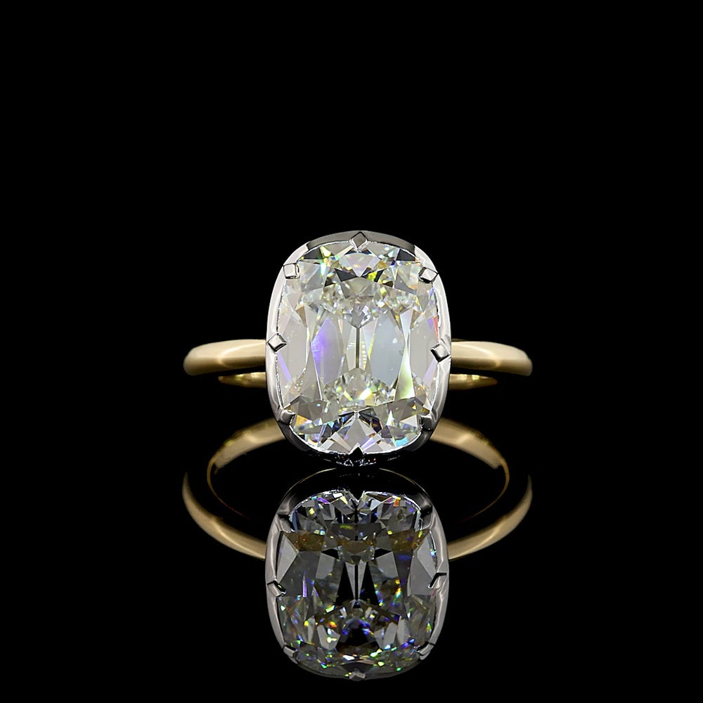 14K Two Tone Antique Cushion Cut Lab Diamond Solitaire Ring - 4.18 Carat E-F Color VVS2 Clarity with Bezel-Prong Setting - Covaloro Fine Jewelry