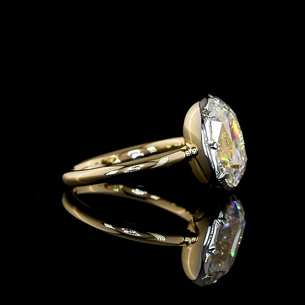 14K Two Tone Antique Cushion Cut Lab Diamond Solitaire Ring - 4.18 Carat E-F Color VVS2 Clarity with Bezel-Prong Setting - Covaloro Fine Jewelry