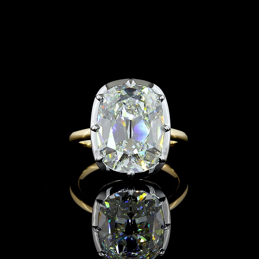 14K Two Tone Antique Cushion Cut Lab Diamond Solitaire Ring - 7.20 Carat Total Weight, E-F Color, VVS2 Clarity, IGI Certified - Covaloro Fine Jewelry