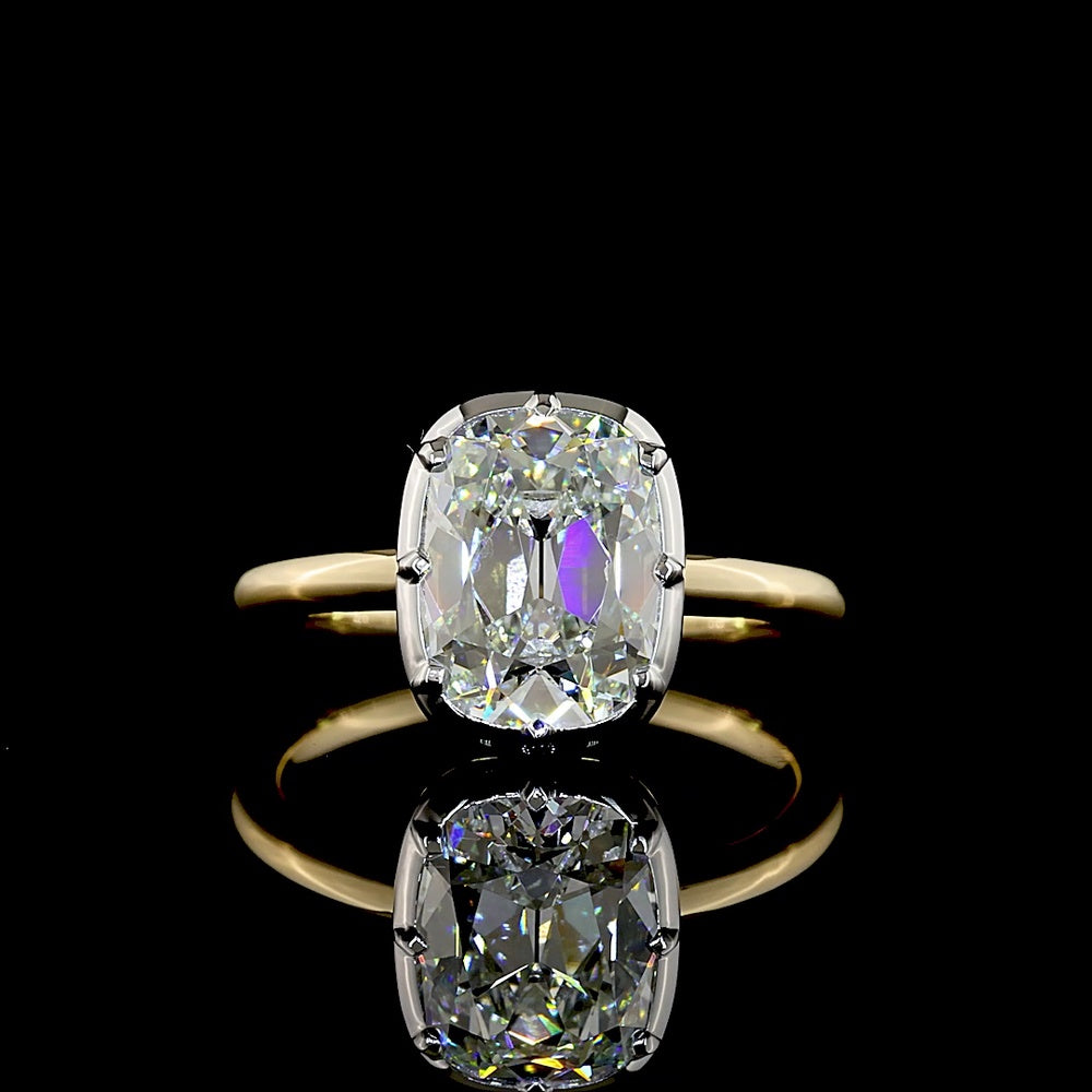 14K Two Tone Antique Cushion Cut Solitaire Ring with 2.50 Carat E VVS2 Lab Diamond - IGI Certified - Covaloro Fine Jewelry