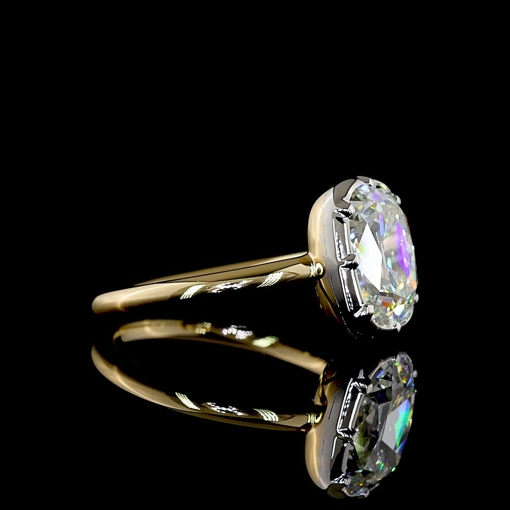 14K Two Tone Antique Cushion Cut Solitaire Ring with 2.50 Carat E VVS2 Lab Diamond - IGI Certified - Covaloro Fine Jewelry