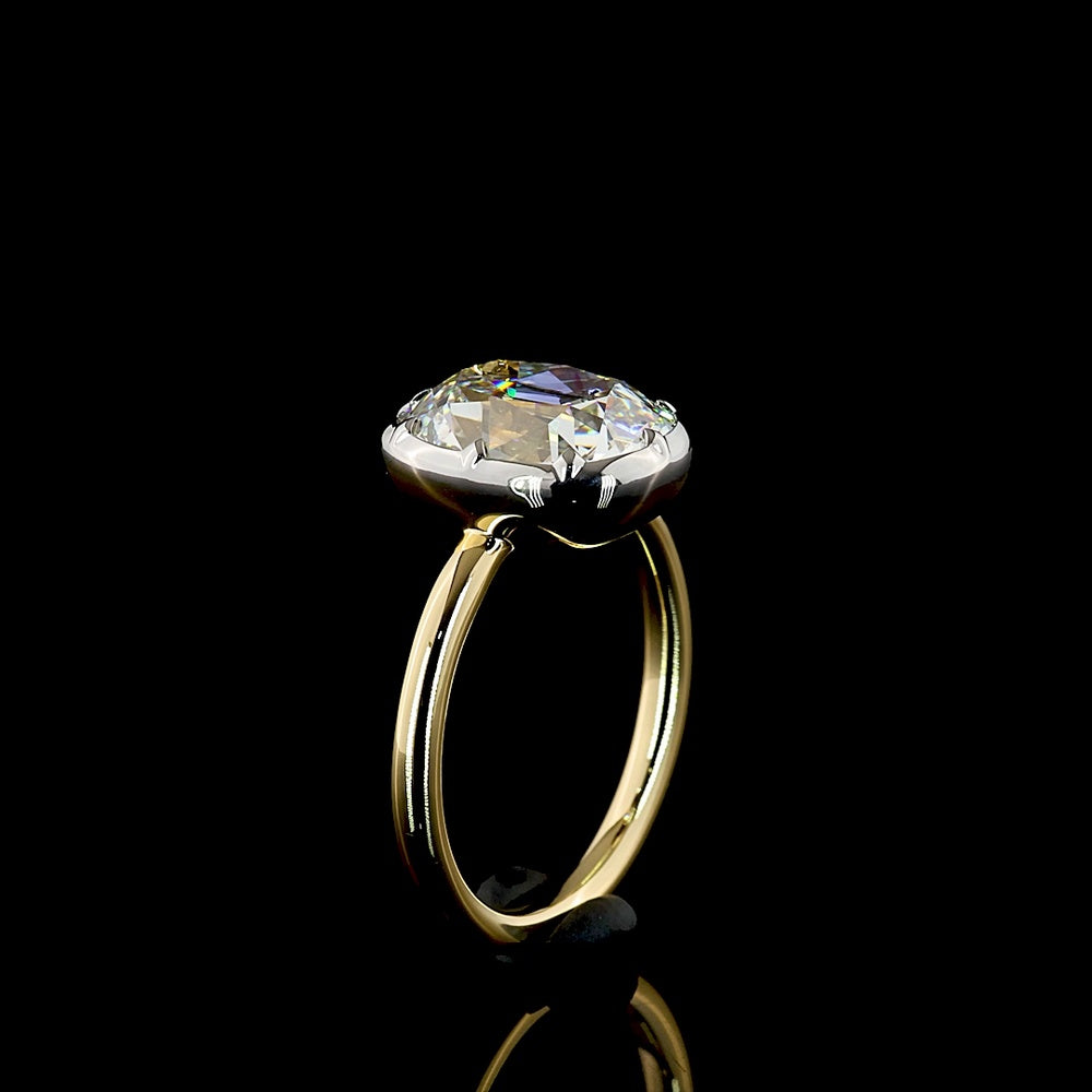 14K Two Tone Antique Cushion Cut Solitaire Ring with 3.64 Carat Lab Grown Diamond - E-F VS1 Clarity, IGI Certified - Covaloro Fine Jewelry
