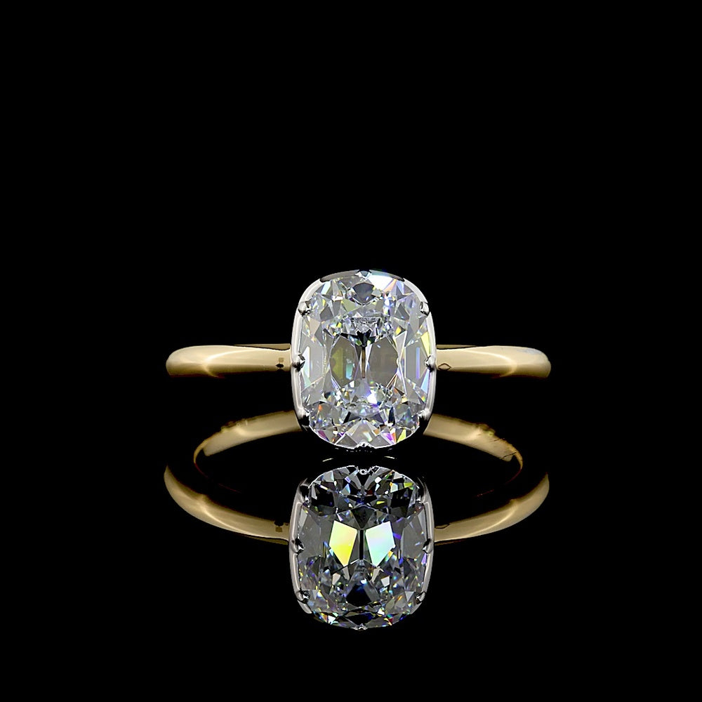 14K Two Tone Antique Cushion Solitaire Ring with IGI Certified Lab Diamond - 1.53 Carat D VS1 - Covaloro Fine Jewelry