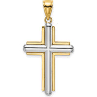 14K Two-Tone Beveled Cross Pendant with Rhodium Plating - 36.4mm Length by Oro Pregiato