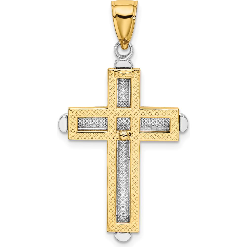 14K Two-Tone Beveled Cross Pendant with Rhodium Plating - 36.4mm Length by Oro Pregiato