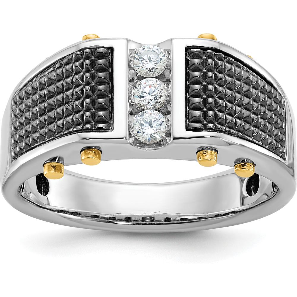 14K Two-Tone Black Rhodium Men’s Polished and Textured 3-Stone Diamond Ring - 0.09 Carats Total Diamond Weight by IBGoodman