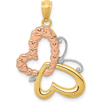 14K Two-Tone Butterfly Pendant with Hearts Design in Polished Gold and Rhodium Accents by Oro Pregiato