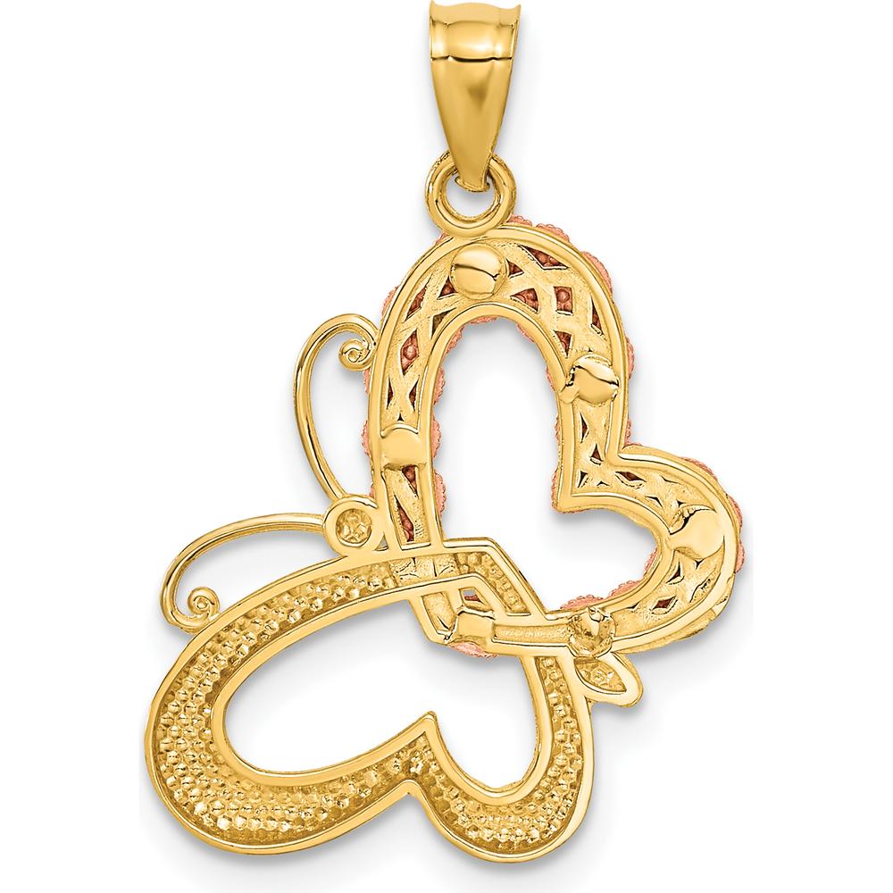 14K Two-Tone Butterfly Pendant with Hearts Design in Polished Gold and Rhodium Accents by Oro Pregiato