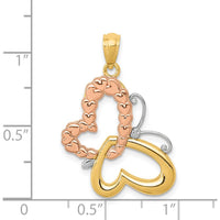 14K Two-Tone Butterfly Pendant with Hearts Design in Polished Gold and Rhodium Accents by Oro Pregiato