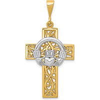 14K Two-Tone Claddagh Cross Pendant with Textured Back - Symbol of Love and Loyalty by Oro Pregiato