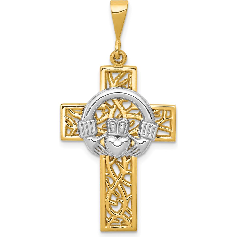 14K Two-Tone Claddagh Cross Pendant with Textured Back - Symbol of Love and Loyalty by Oro Pregiato