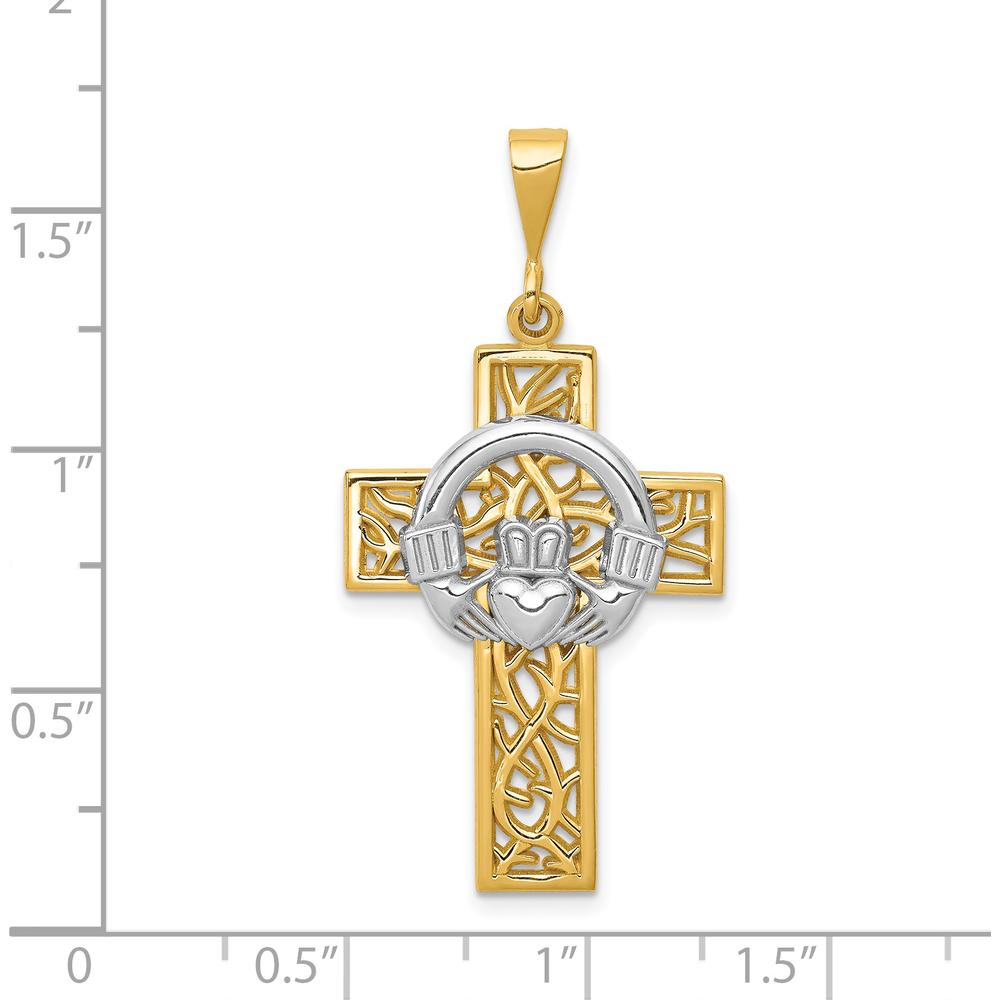 14K Two-Tone Claddagh Cross Pendant with Textured Back - Symbol of Love and Loyalty by Oro Pregiato