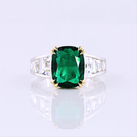 14K Two Tone Cushion Cut Green Emerald Lab Gemstone Ring with Brilliant Cut Diamond Accents - 7.55 Carat Total Weight - Covaloro Fine Jewelry