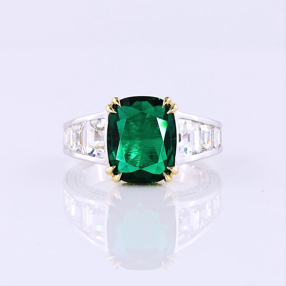 14K Two Tone Cushion Cut Green Emerald Lab Gemstone Ring with Brilliant Cut Diamond Accents - 7.55 Carat Total Weight - Covaloro Fine Jewelry
