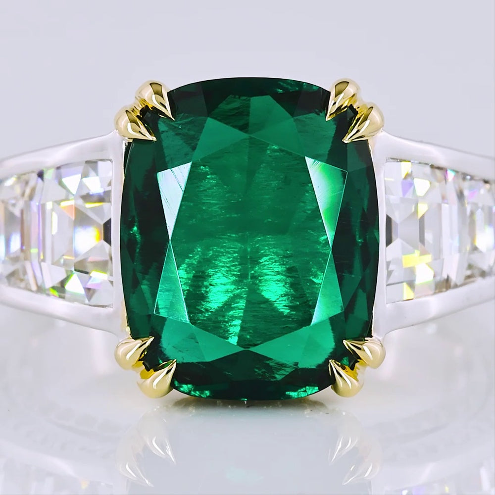 14K Two Tone Cushion Cut Green Emerald Lab Gemstone Ring with Brilliant Cut Diamond Accents - 7.55 Carat Total Weight - Covaloro Fine Jewelry