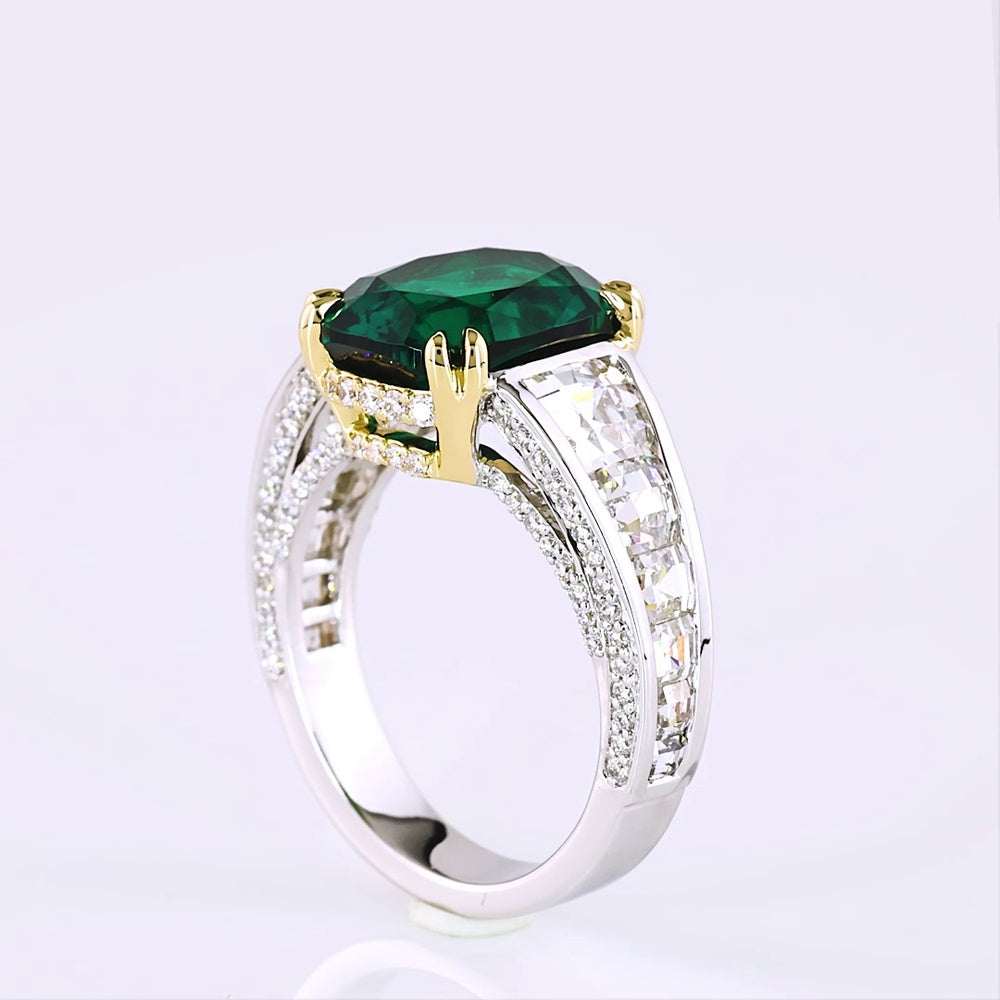 14K Two Tone Cushion Cut Green Emerald Lab Gemstone Ring with Brilliant Cut Diamond Accents - 7.55 Carat Total Weight - Covaloro Fine Jewelry