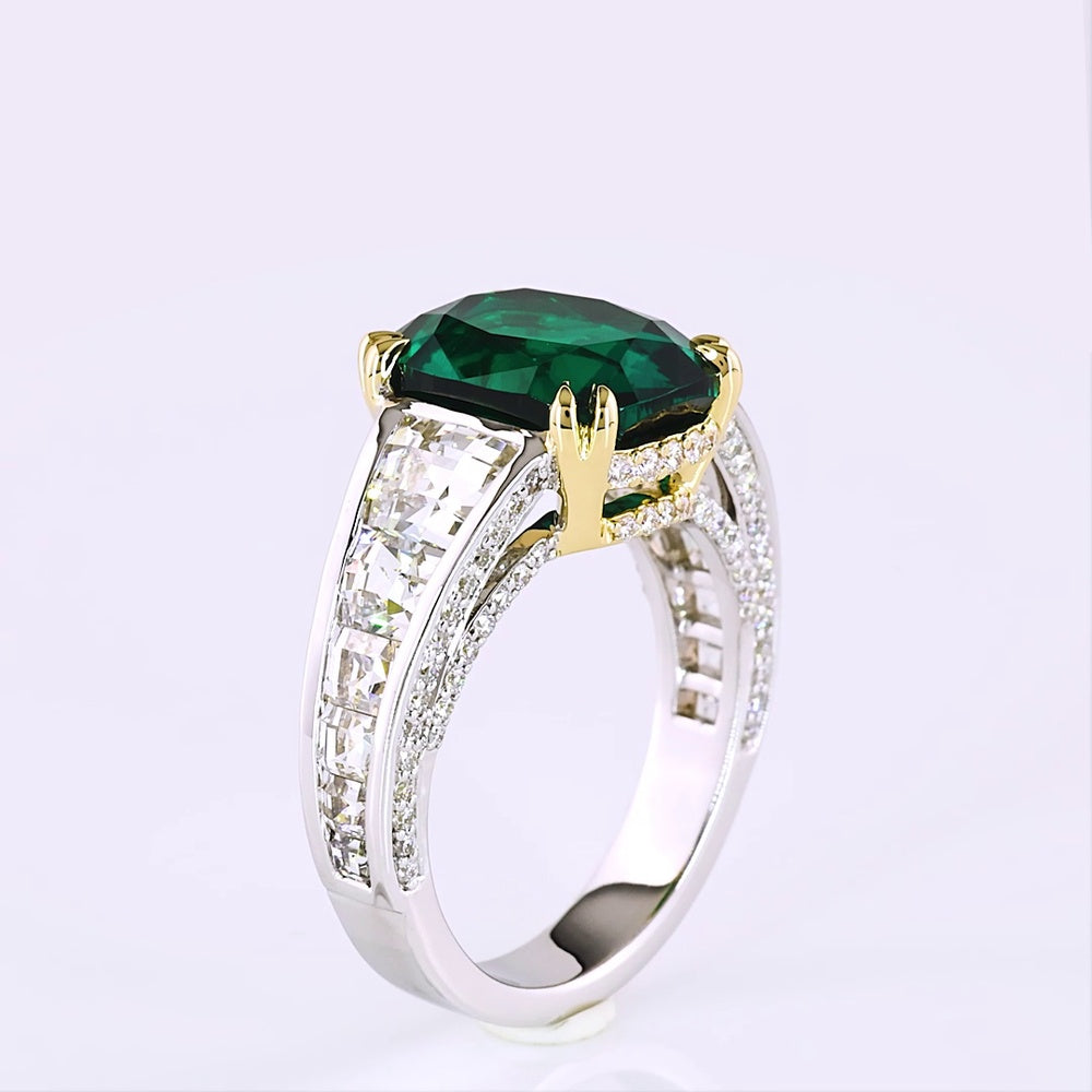 14K Two Tone Cushion Cut Green Emerald Lab Gemstone Ring with Brilliant Cut Diamond Accents - 7.55 Carat Total Weight - Covaloro Fine Jewelry