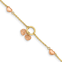 14K Two-Tone Diamond-Cut and Polished Hearts Bracelet with 1" Heart Dangle Extender by Oro Pregiato