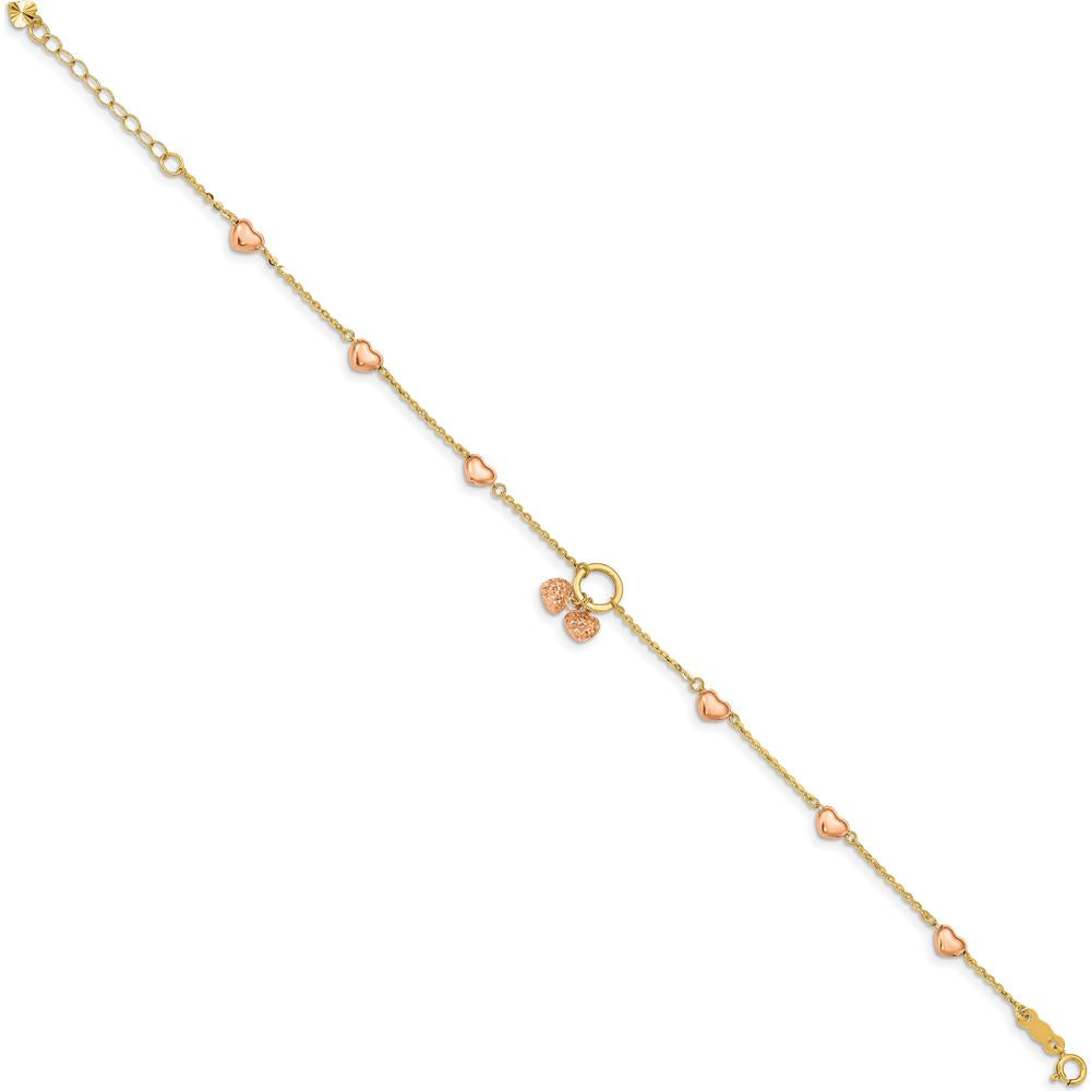 14K Two-Tone Diamond-Cut and Polished Hearts Bracelet with 1" Heart Dangle Extender by Oro Pregiato