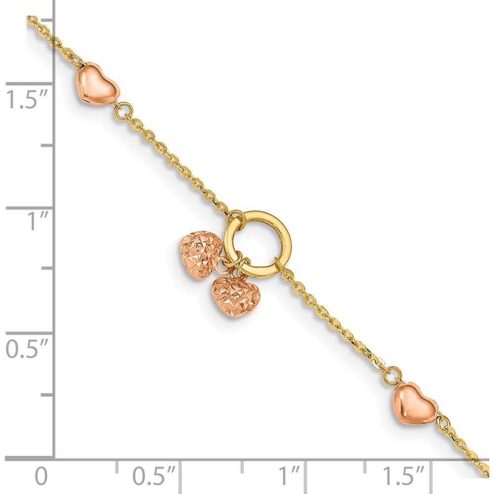 14K Two-Tone Diamond-Cut and Polished Hearts Bracelet with 1" Heart Dangle Extender by Oro Pregiato