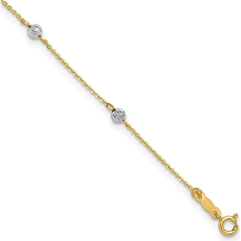 14K Two-Tone Diamond-cut Beads 7-Station 9" Plus 1" Extender Anklet