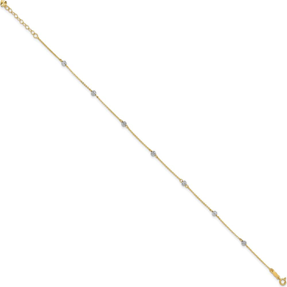 14K Two-Tone Diamond-cut Beads 7-Station 9" Plus 1" Extender Anklet