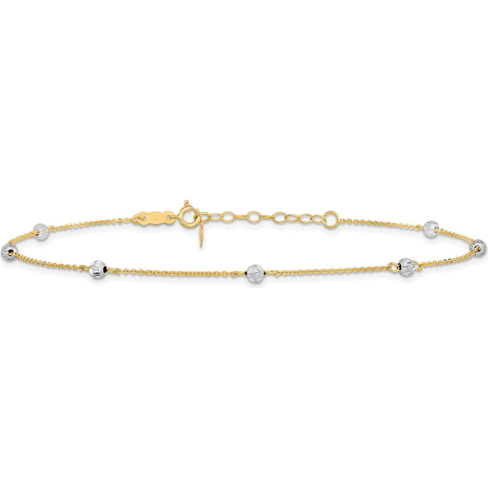 14K Two-Tone Diamond-cut Beads 7-Station 9" Plus 1" Extender Anklet