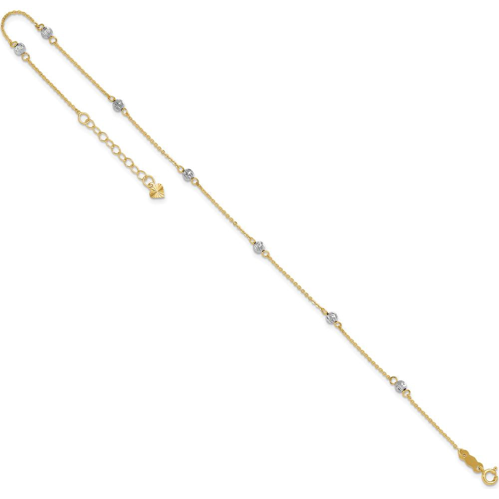 14K Two-Tone Diamond-cut Beads 7-Station 9" Plus 1" Extender Anklet