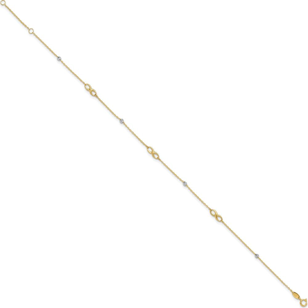 14K Two-Tone Diamond-Cut Beads and Infinity 10" Plus 1" Extender Anklet