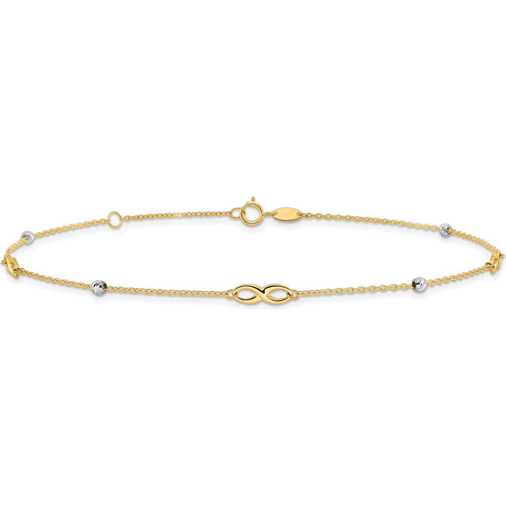 14K Two-Tone Diamond-Cut Beads and Infinity 10" Plus 1" Extender Anklet