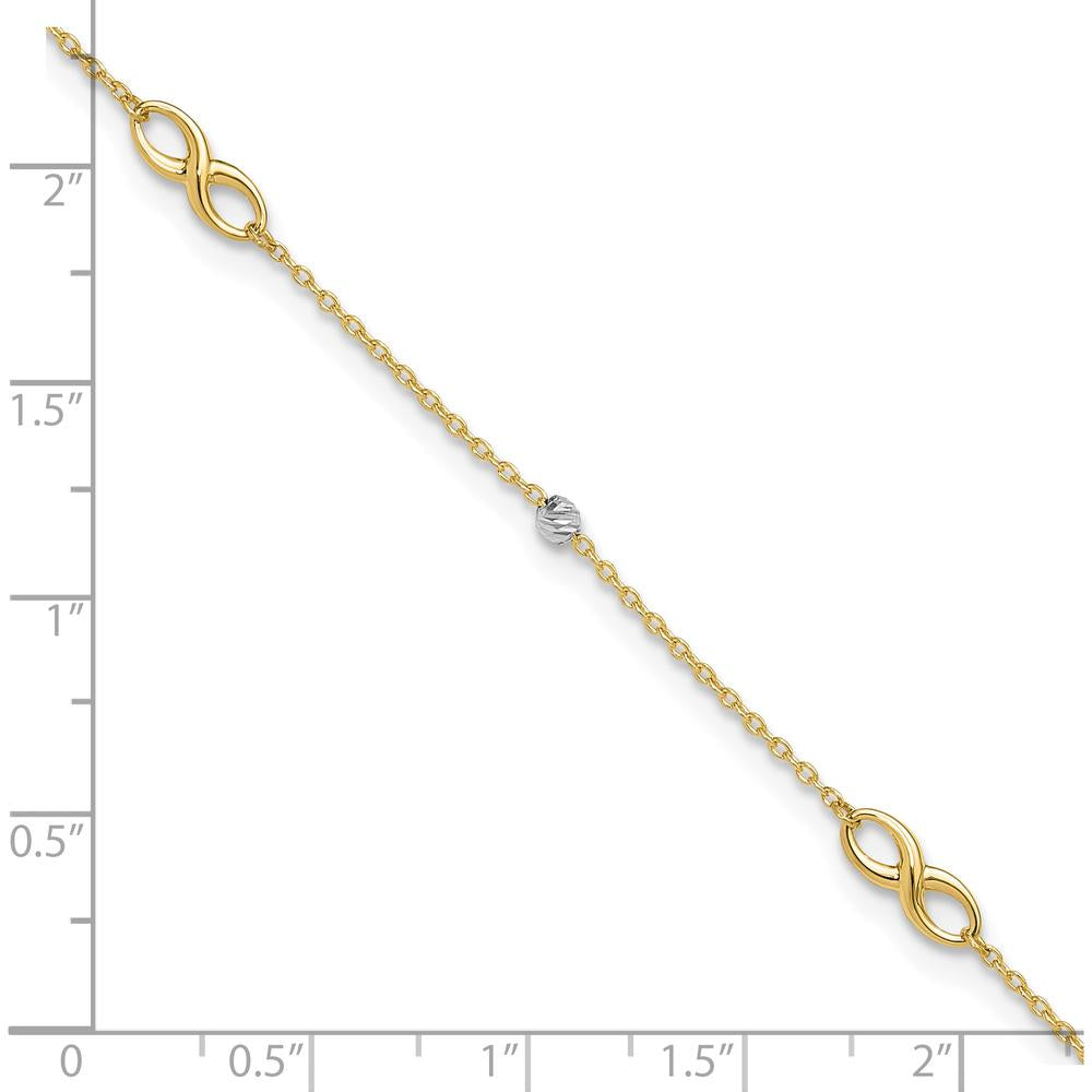 14K Two-Tone Diamond-Cut Beads and Infinity 10" Plus 1" Extender Anklet