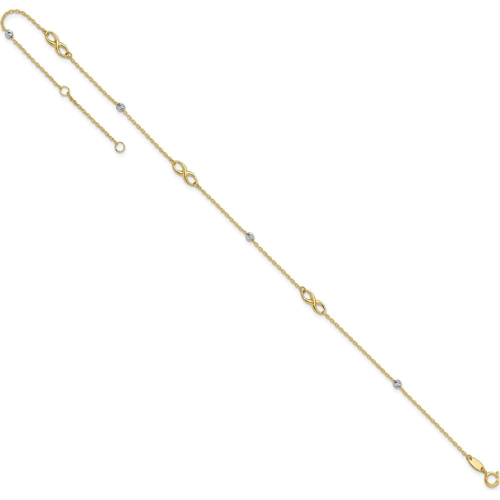 14K Two-Tone Diamond-Cut Beads and Infinity 10" Plus 1" Extender Anklet