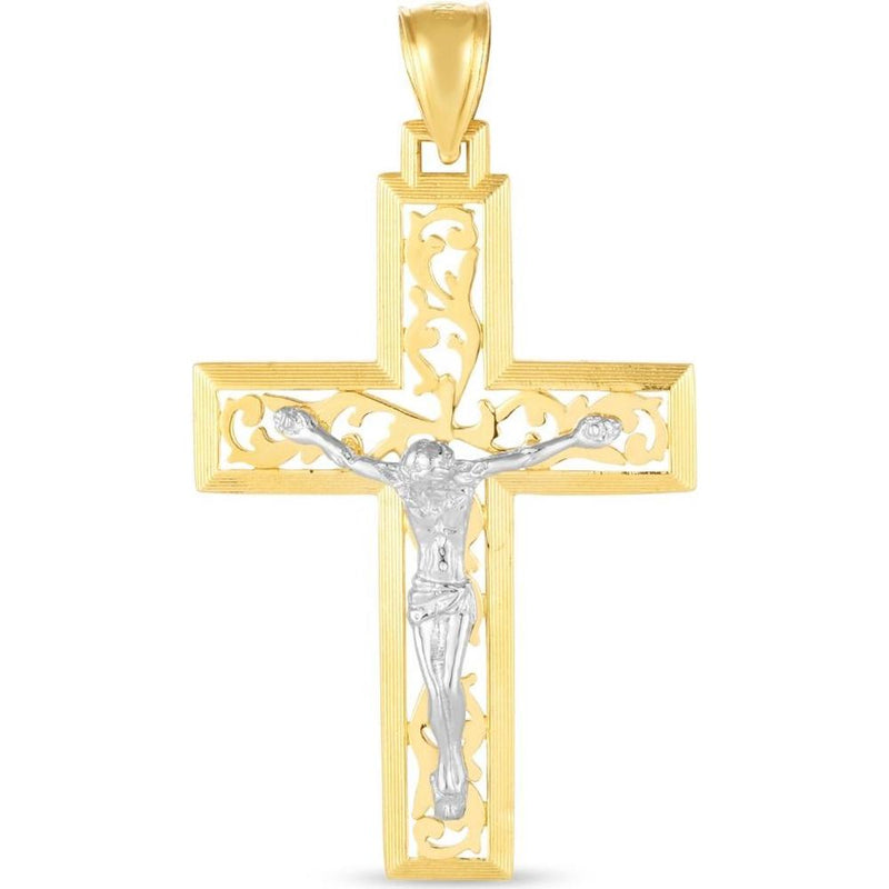 14K Two-Tone Diamond-Cut Cross Pendant - 45x25mm by Orozza Fine Jewelry