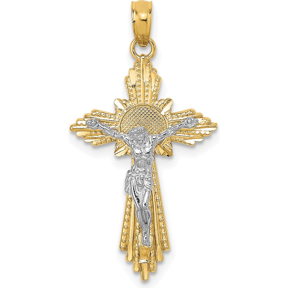 14K Two-Tone Diamond-Cut Crucifix Pendant with Gold Rays by Oro Pregiato