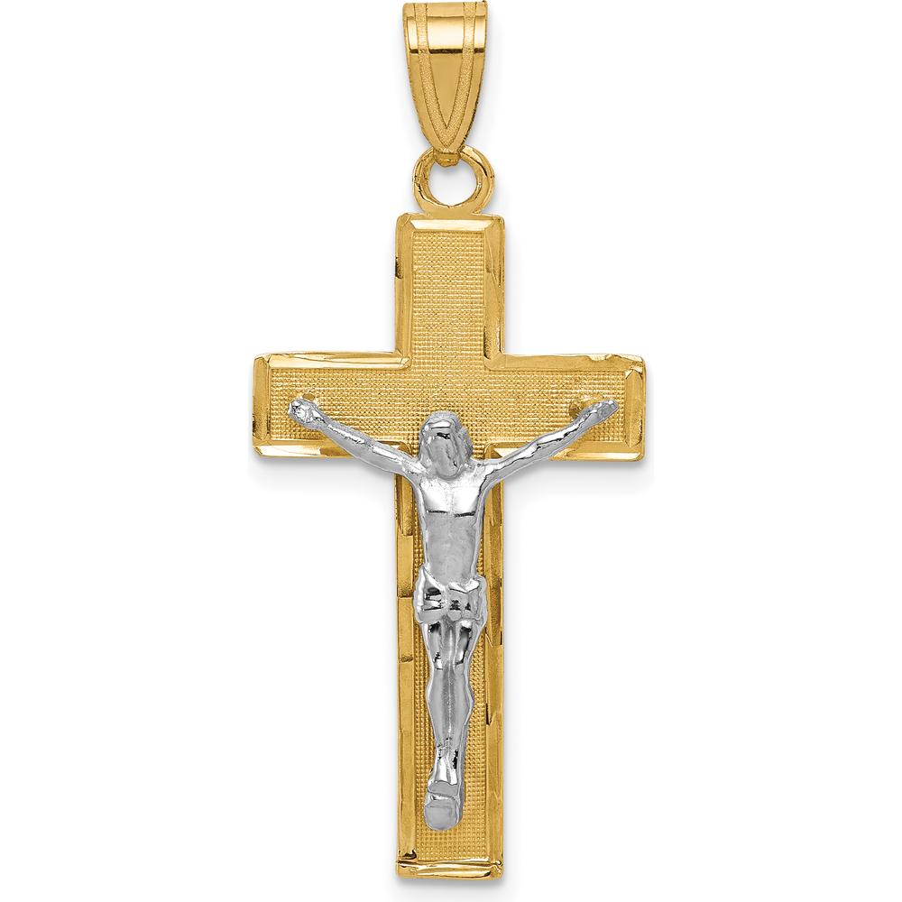 14K Two-Tone Diamond-cut Crucifix Pendant with Polished and Textured Finish - 36mm Length by Oro Pregiato