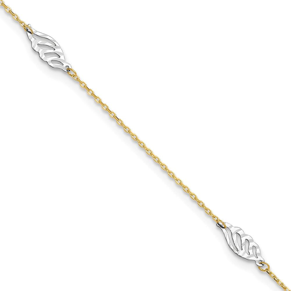 14K Two-Tone Diamond-cut Leaf 4-Station Anklet with 1" Extender - 10" Total Length