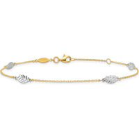14K Two-Tone Diamond-cut Leaf 4-Station Anklet with 1" Extender - 10" Total Length