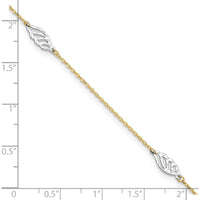 14K Two-Tone Diamond-cut Leaf 4-Station Anklet with 1" Extender - 10" Total Length