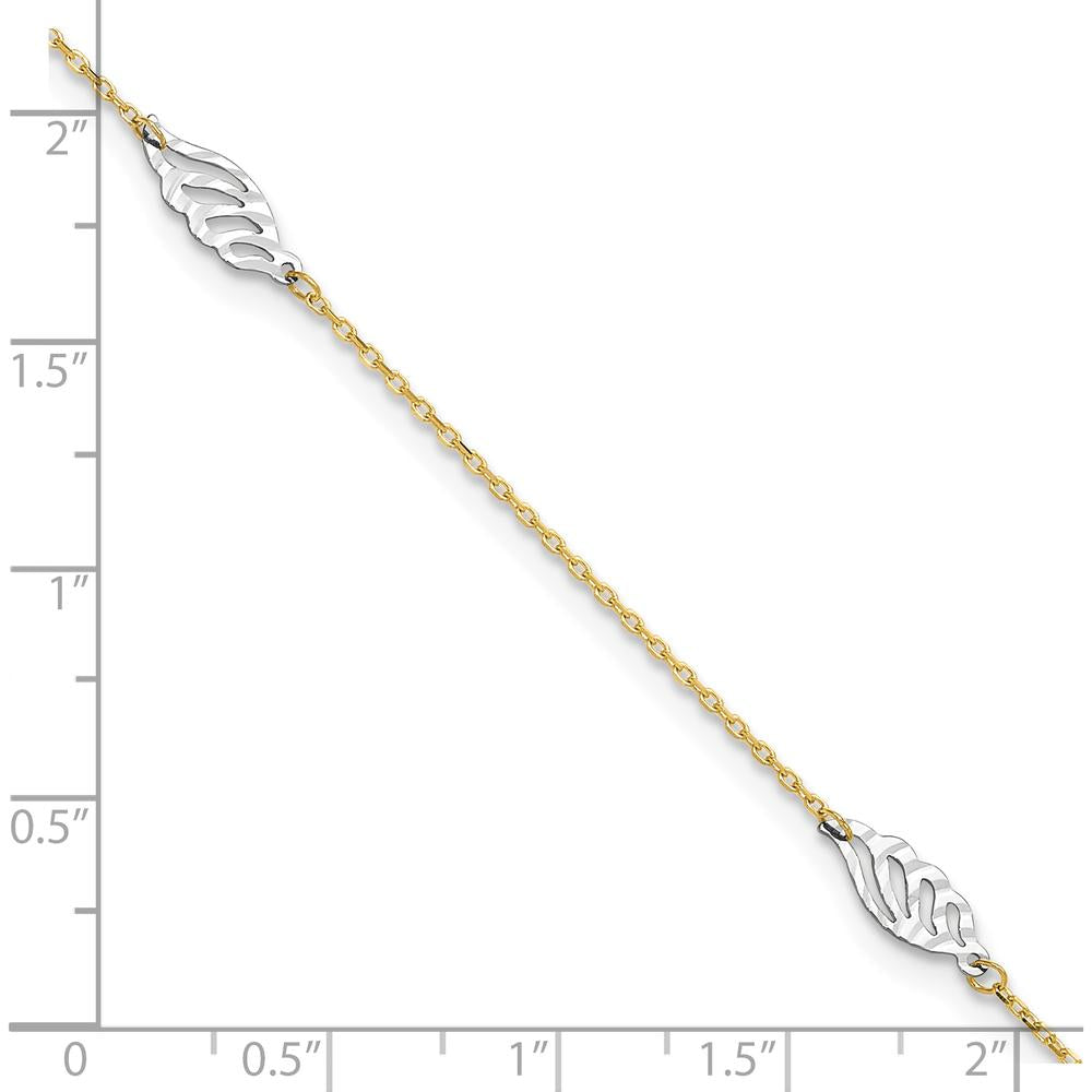 14K Two-Tone Diamond-cut Leaf 4-Station Anklet with 1" Extender - 10" Total Length