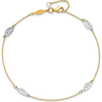 14K Two-Tone Diamond-cut Leaf 4-Station Anklet with 1" Extender - 10" Total Length