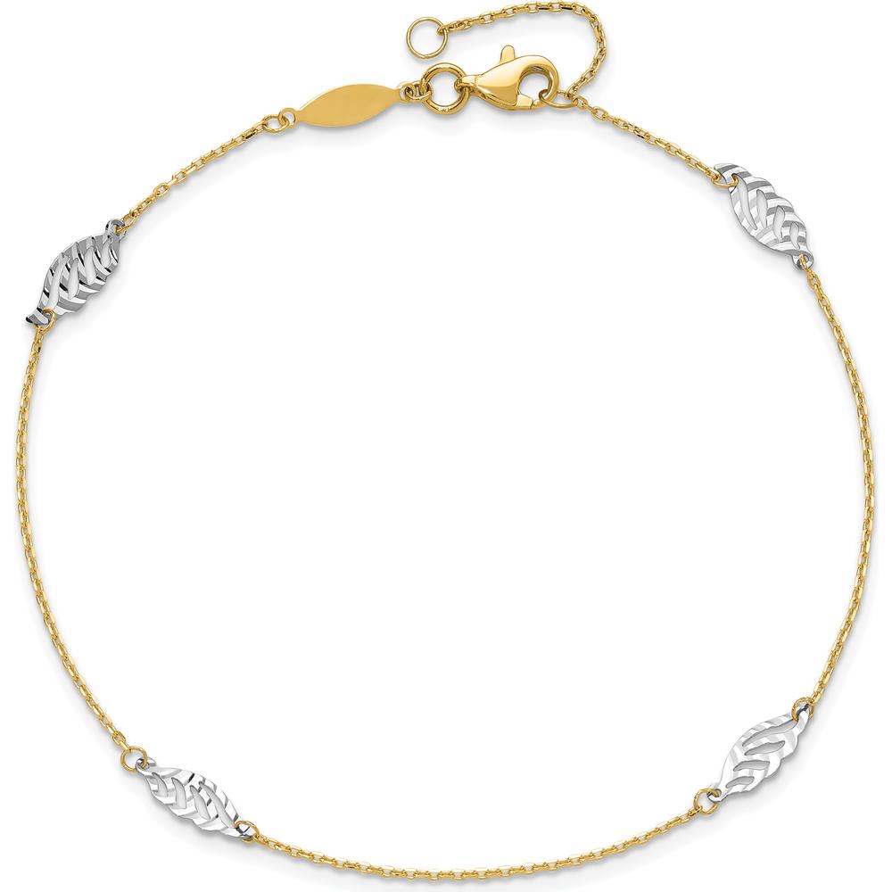 14K Two-Tone Diamond-cut Leaf 4-Station Anklet with 1" Extender - 10" Total Length